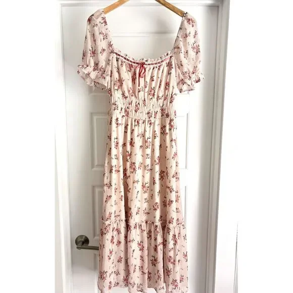 Francesca’s Ella Ditsy Floral Puff Sleeve Midi Dress Pink Mauve Size Medium - Picture 5 of 6